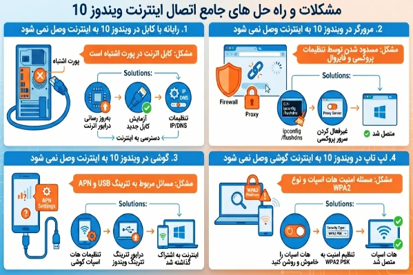 اینفوگرافیک جامع نمایش‌دهنده مشکلات رایج اتصال اینترنت در ویندوز 10 و راه‌حل‌های آن. شامل چهار بخش اصلی: ۱) وصل نشدن کامپیوتر به اینترنت با کابل، ۲) مشکل وصل نشدن مرورگر به اینترنت، ۳) مشکل وصل نشدن اینترنت گوشی به کامپیوتر، و ۴) علت وصل نشدن لپ‌تاپ به اینترنت گوشی. هر بخش شامل راه‌حل‌های تخصصی برای رفع مشکلات شبکه است.