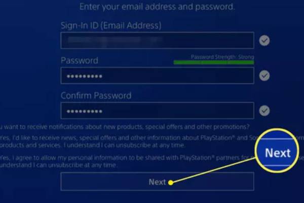 انتخاب ای دی و پسورد هنگام ساخت اکانت PSN