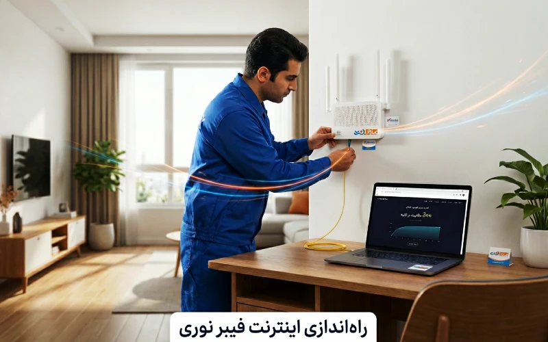 راه‌اندازی اینترنت فیبر نوری در خانه با نصب مودم GPON و کابل فیبر نوری توسط تکنسین ماهان نت