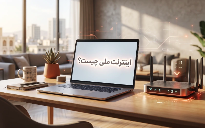 لپ تاپ و مودم روی میز با عنوان اینترنت ملی چیست روی صفحه نمایش