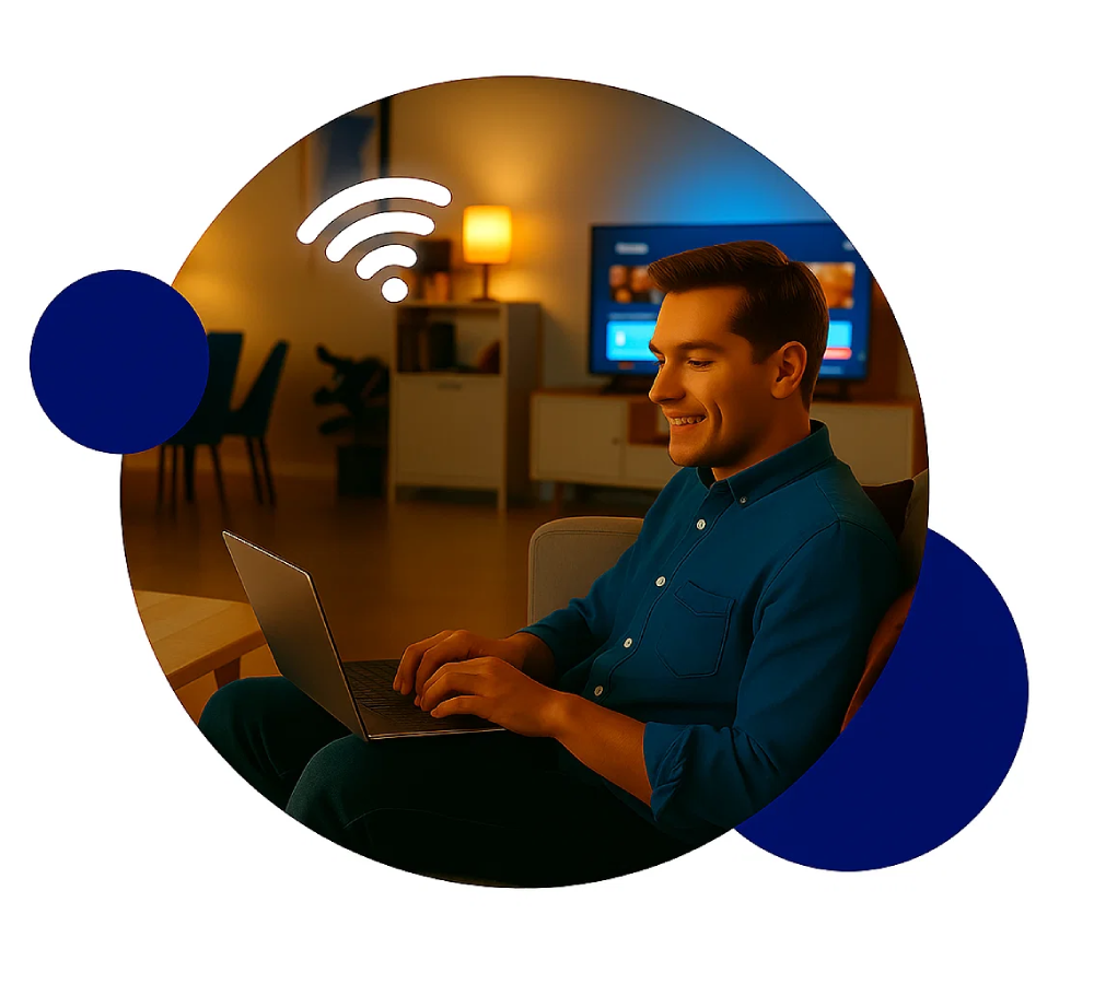 صویر خانه‌ای مدرن با کاربران در حال استفاده از اینترنت ADSL، لپ‌تاپ و گوشی متصل به اینترنت پرسرعت خانگی.