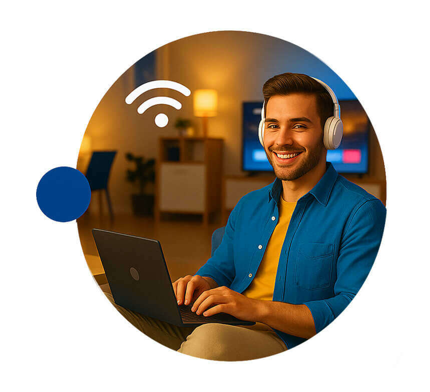 صویر خانه‌ای مدرن با کاربران در حال استفاده از اینترنت ADSL، لپ‌تاپ و گوشی متصل به اینترنت پرسرعت خانگی.