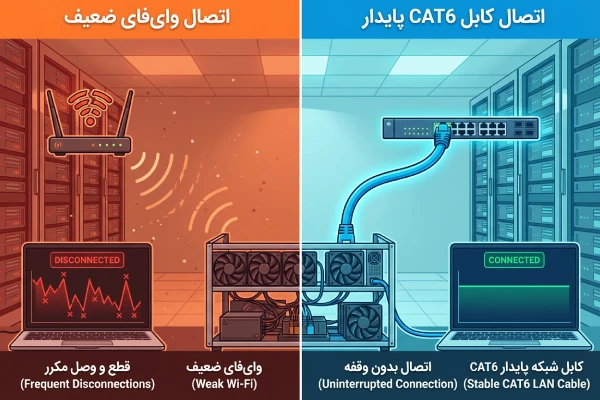 مقایسه عملکرد ماینر هنگام استفاده از وای‌فای در مقابل کابل LAN و تأثیر افت سیگنال بی‌سیم بر افزایش ریجکت شِیر