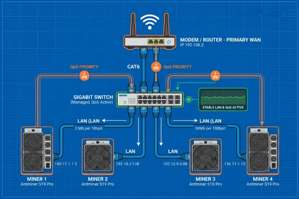 نمودار اتصال چند ماینر به سوییچ شبکه و مودم از طریق کابل LAN برای ایجاد شبکه پایدار در فارم ماینینگ